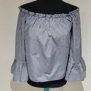 Atmosphere Women's Off Shoulder Ruffled Gingham Blouse 0 Blue White Cottagecore